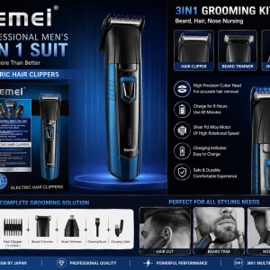 Kemei Professional 3-in-1 Rechargeable Hair Clipper & Grooming Kit | Hair, Beard & Nose Trimmer